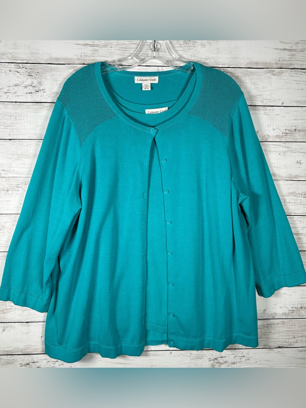 Coldwater Creek Sweater Set 2 Pc Teal Silk Blend Crochet Knit Cardigan/Tank 2X